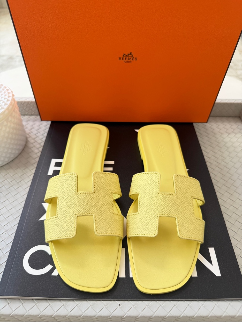 HERMES Oran Bright Yellow Jaune D'orge Epsom Leather Logo Sandals Flats Mule 38